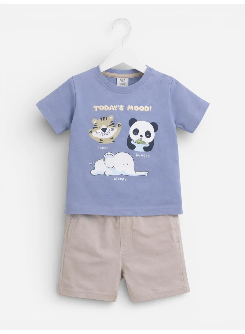 فكتور اند جين طقم تي شيرت وشورت للأولاد بطبعة حيوانات لطيفة بياقة دائرية